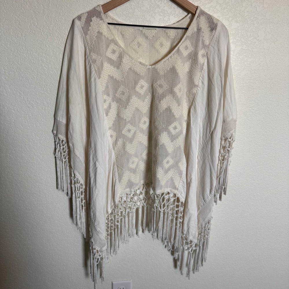 Boho Coachella Festival Lilka Anthropologie Poncho Top Small Cream - Picture 3 of 5